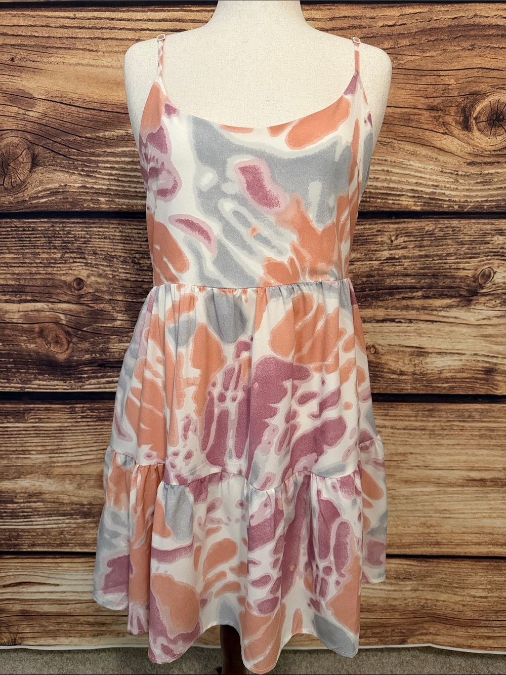 Wishlist Tiered Spaghetti-Strap Mini Dress in Peach, Lavender & Gray